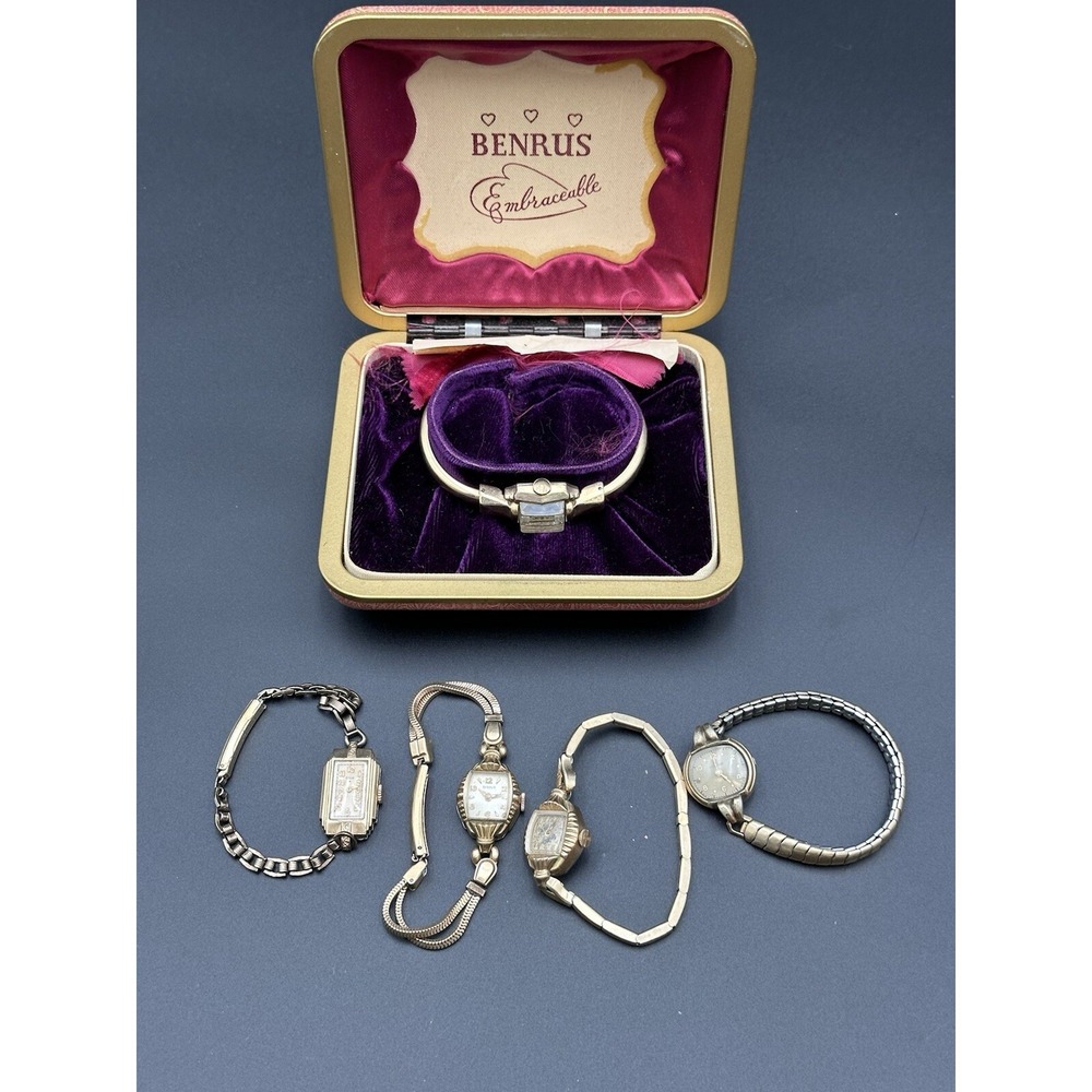 Lot 5 Vintage Watches Bulova Benrus, Elgin. Gold Filled